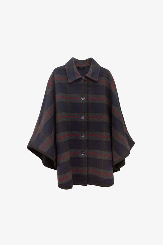 Vintage grijs blauw plaid wollen cape jas