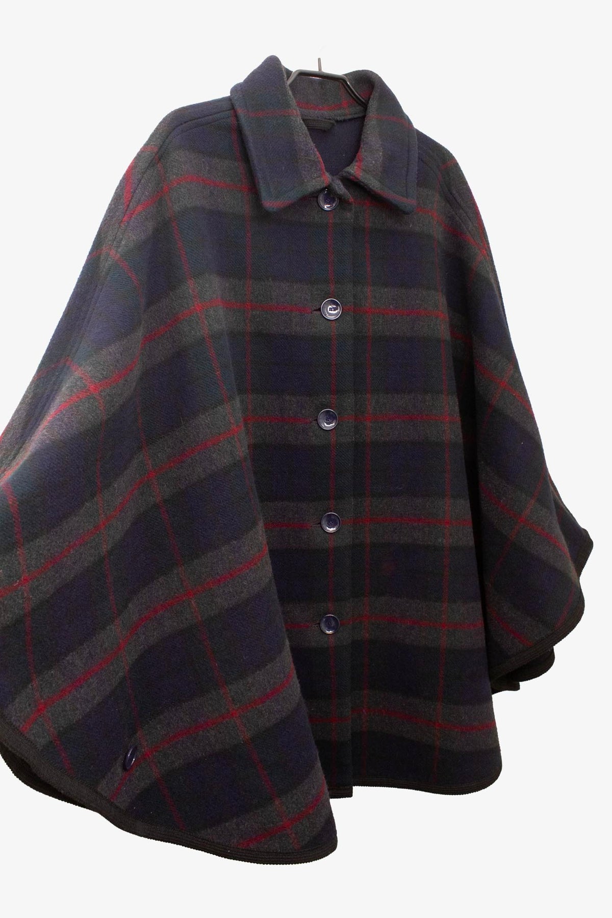 Vintage grijs blauw plaid wollen cape jas
