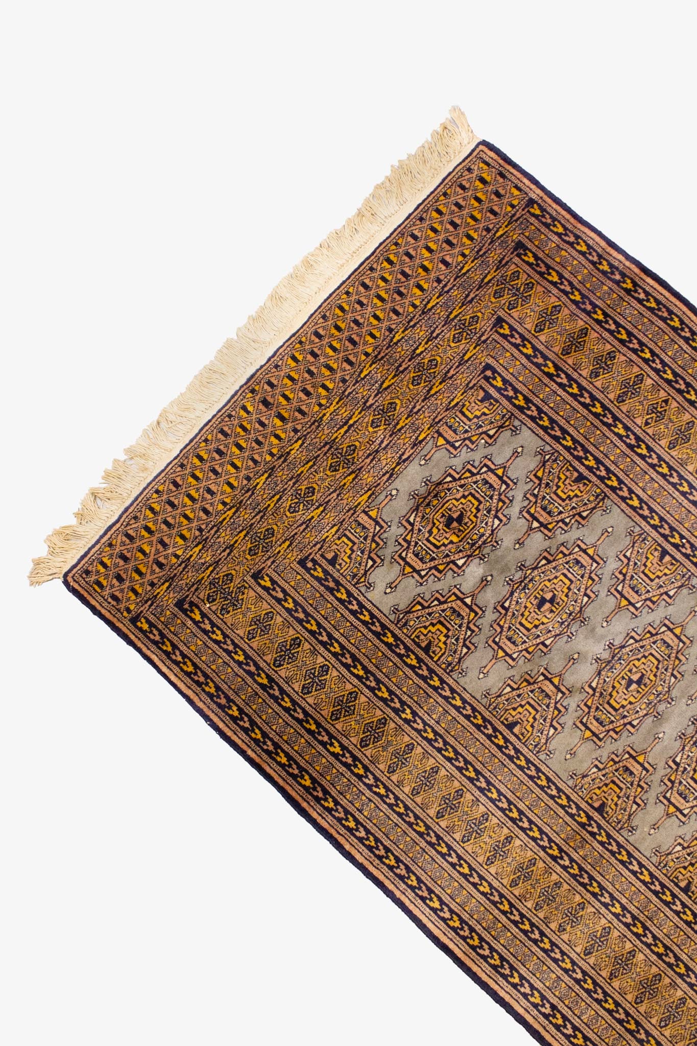 Antiek wollen Perzisch Bokhara vloerkleed met grijs bruin patroon