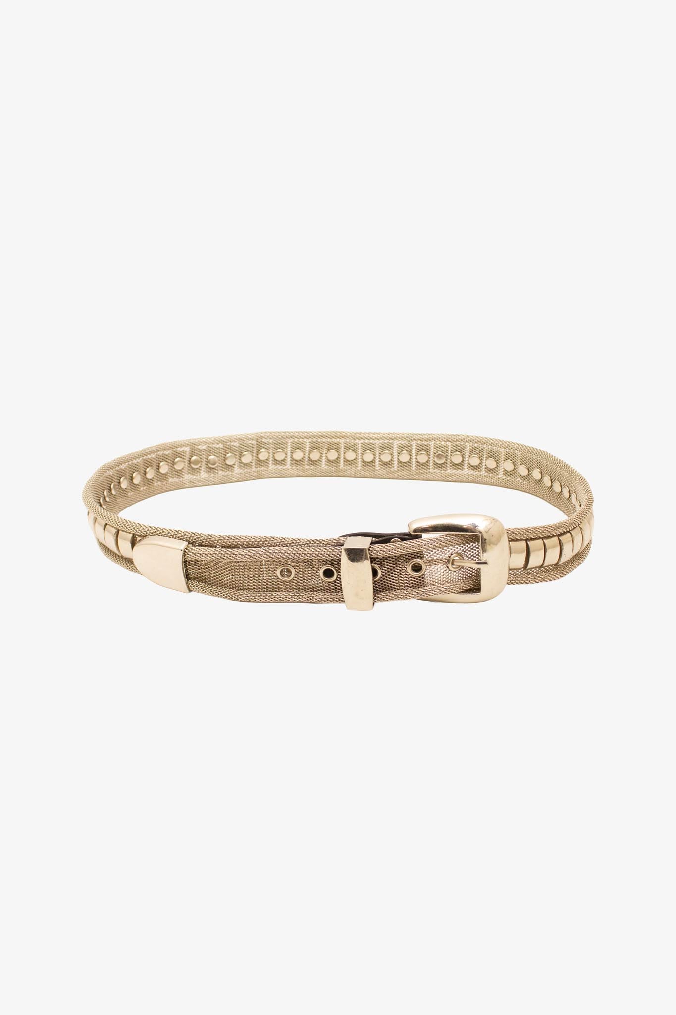 Vintage zilverkleurige metalen riem met zwart leren detail