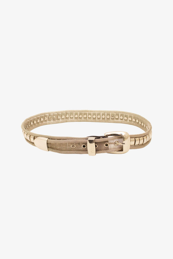 Vintage zilverkleurige metalen riem met zwart leren detail