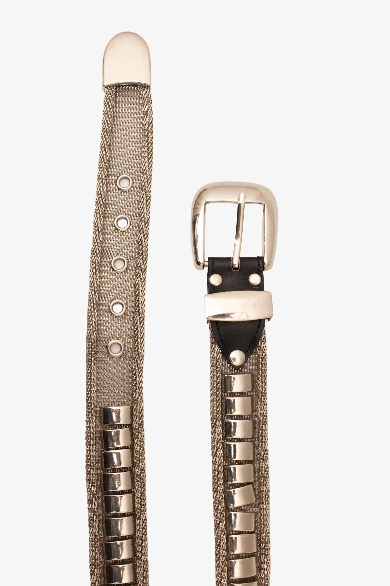 Vintage zilverkleurige metalen riem met zwart leren detail