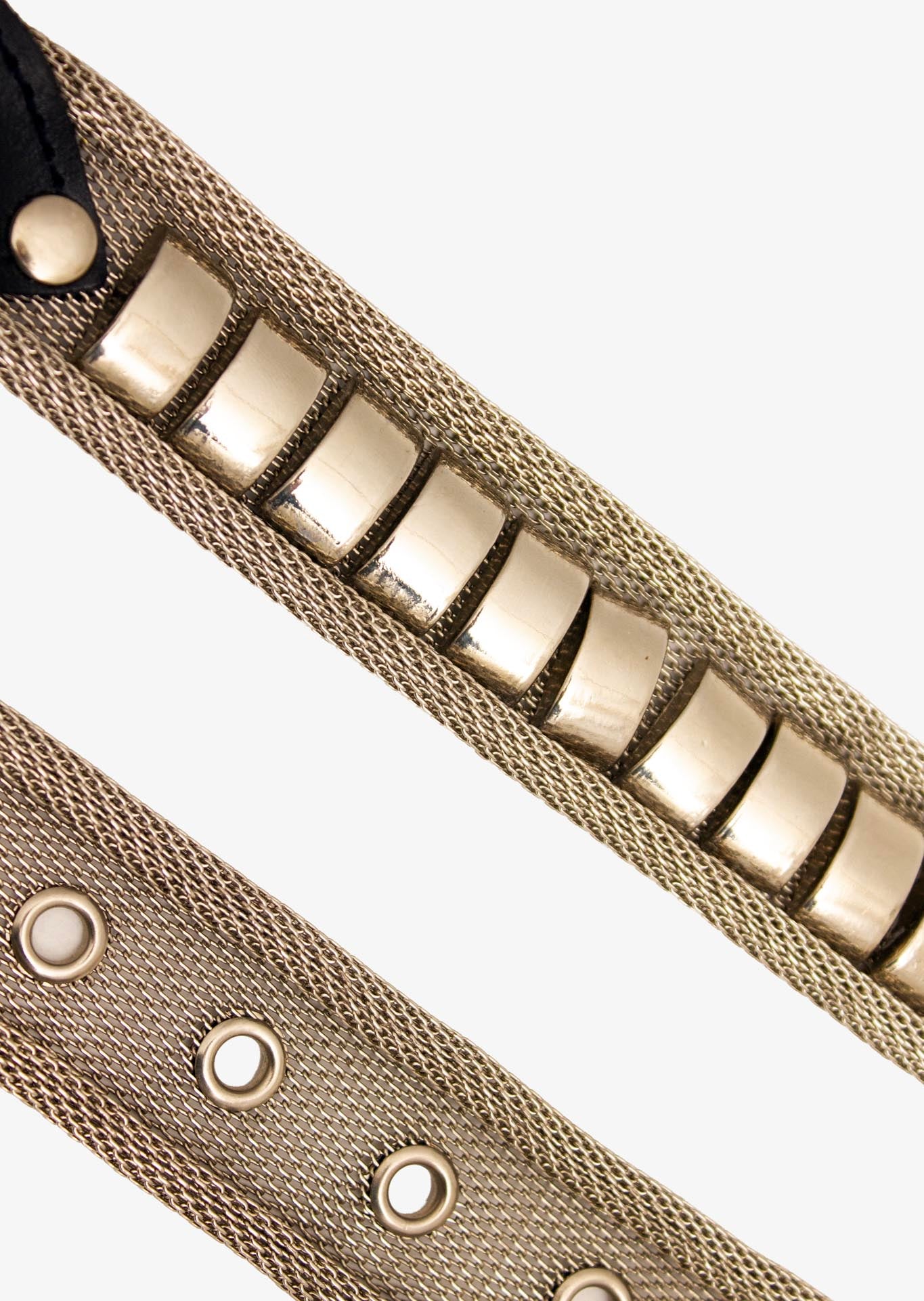 Vintage zilverkleurige metalen riem met zwart leren detail
