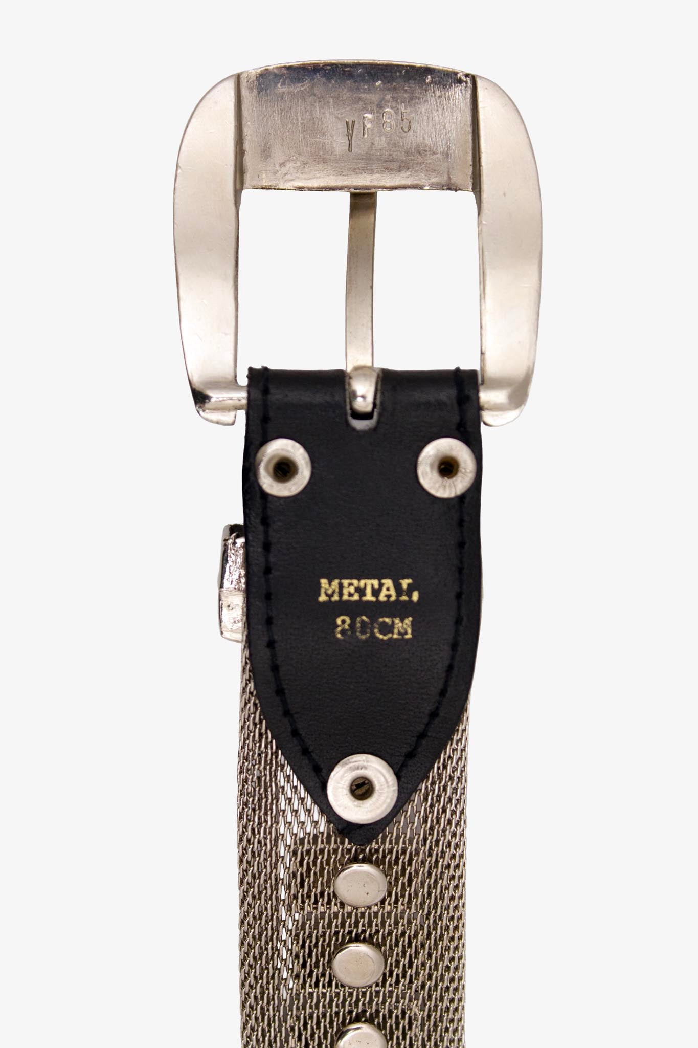 Vintage zilverkleurige metalen riem met zwart leren detail