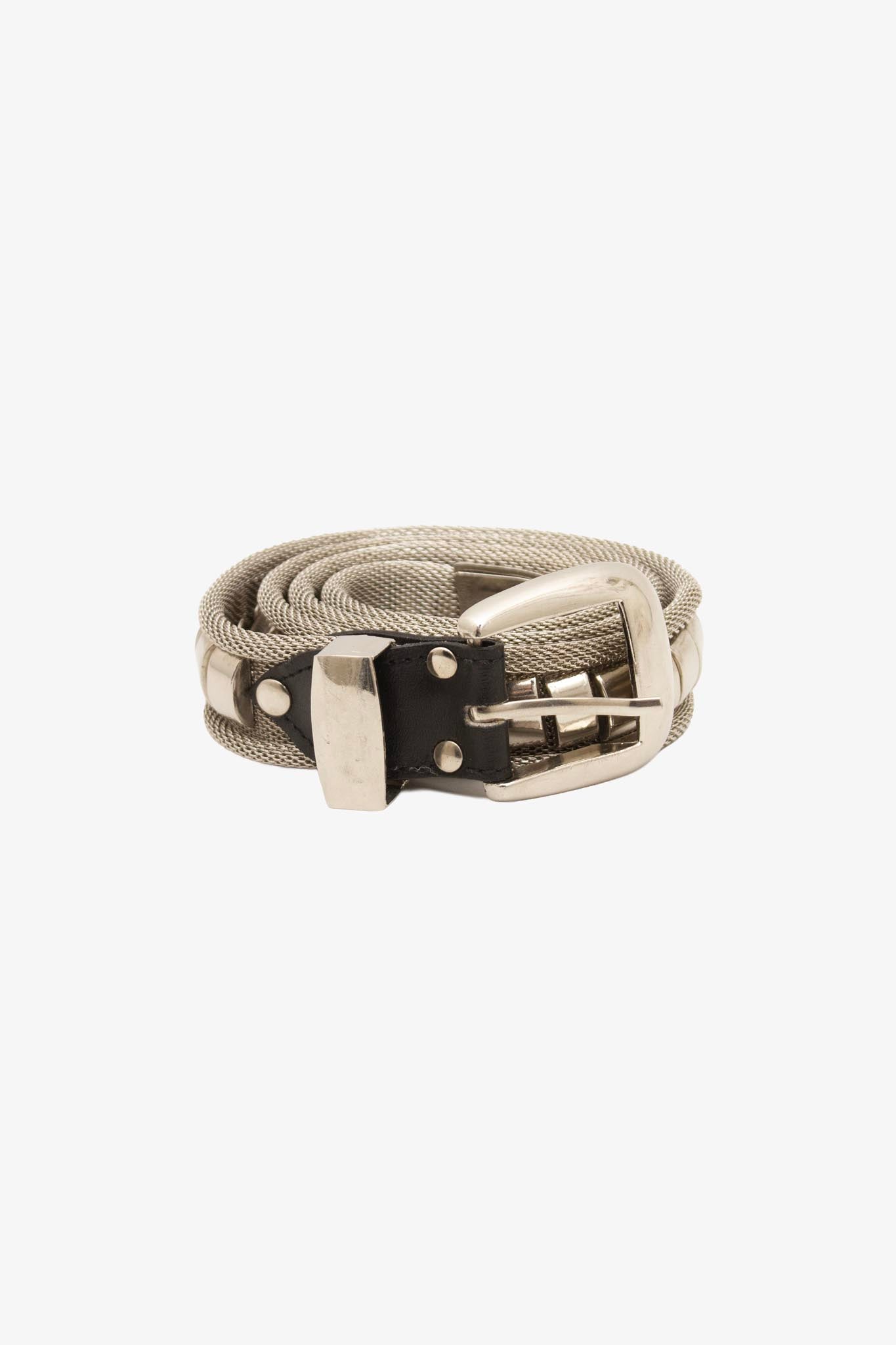 Vintage zilverkleurige metalen riem met zwart leren detail