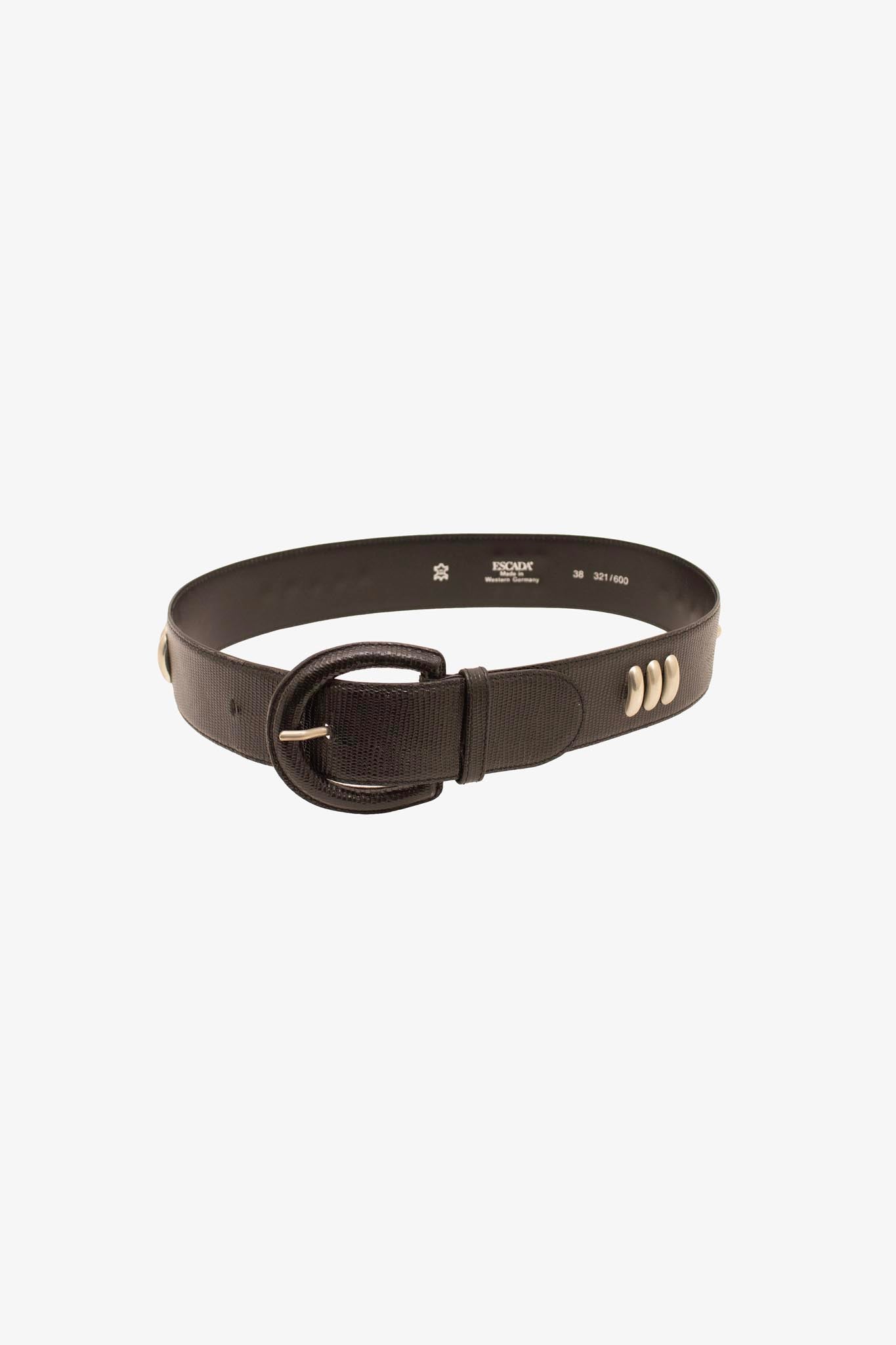 Vintage zwarte leren Escada riem met zilverkleurige studs