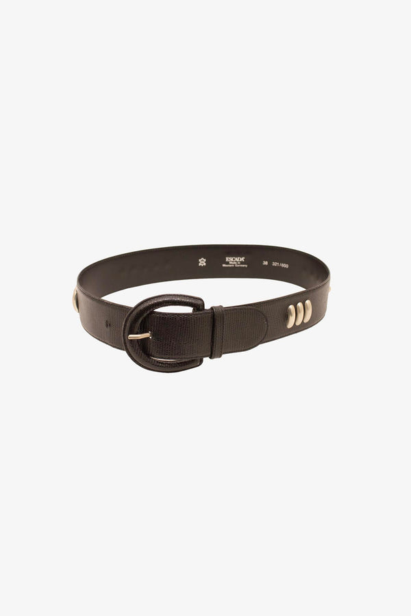 Vintage zwarte leren Escada riem met zilverkleurige studs