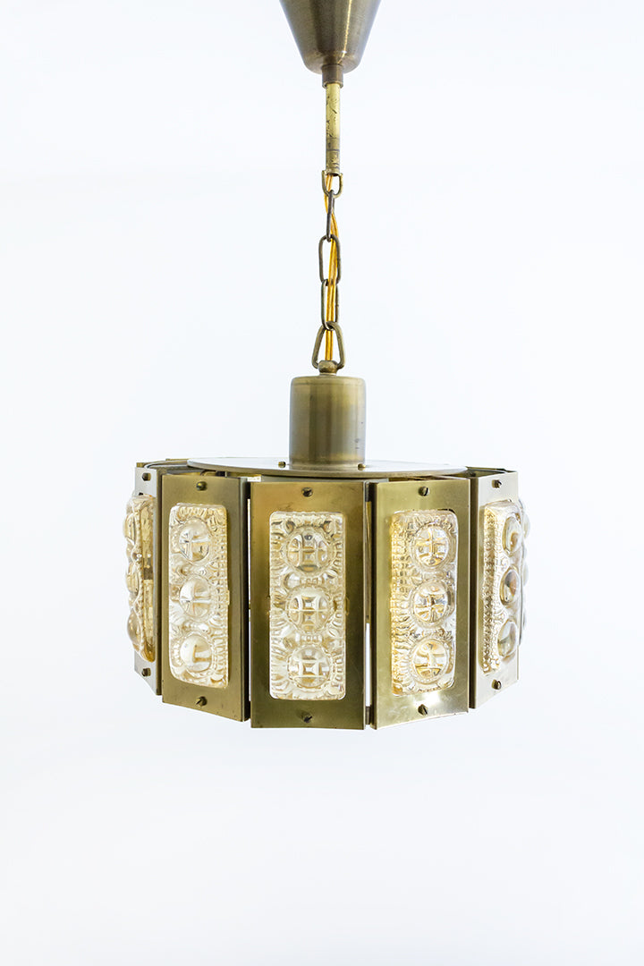 Vitrika hanglamp messing met figuurglas Deens Design jaren 60