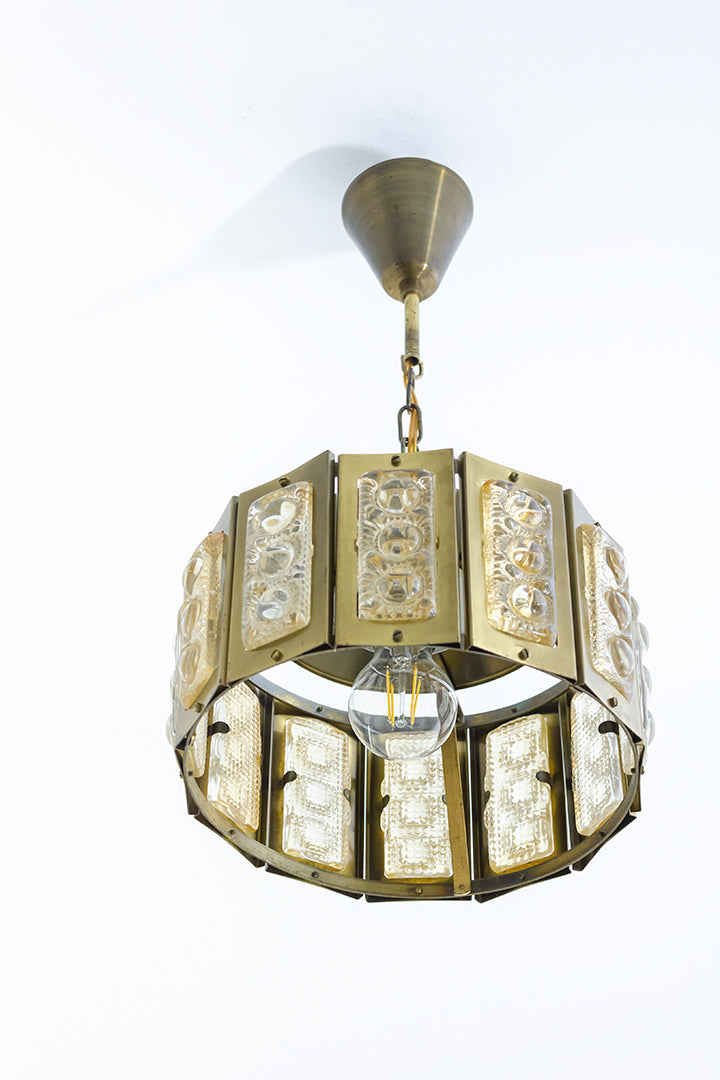 Vitrika hanglamp messing met figuurglas Deens Design jaren 60