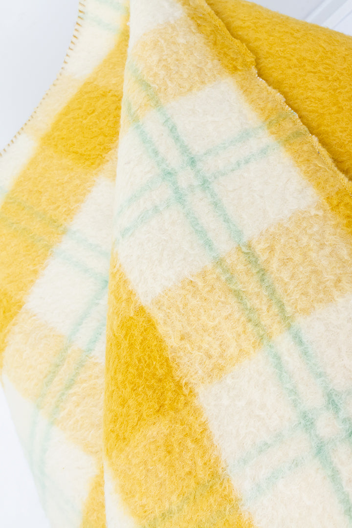 Wollen deken vintage Hatéma geruit okergeel/beige/groen