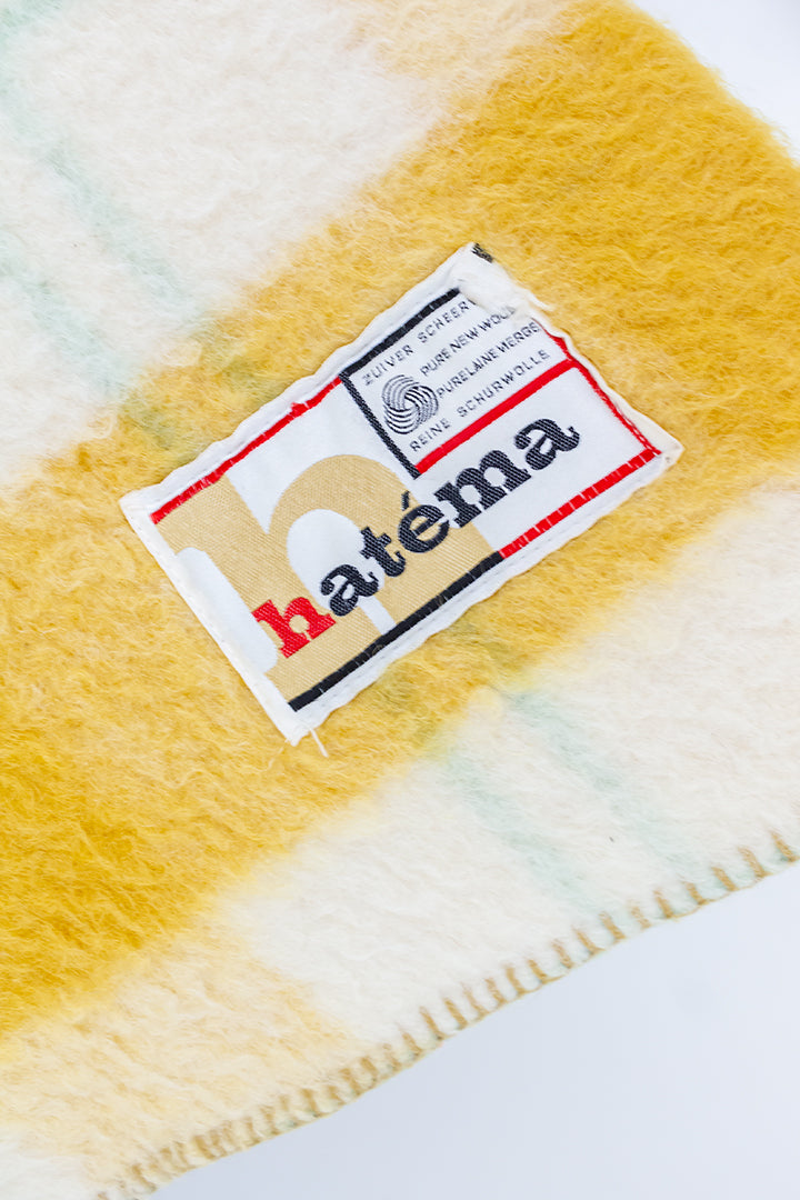 Wollen deken vintage Hatéma geruit okergeel/beige/groen