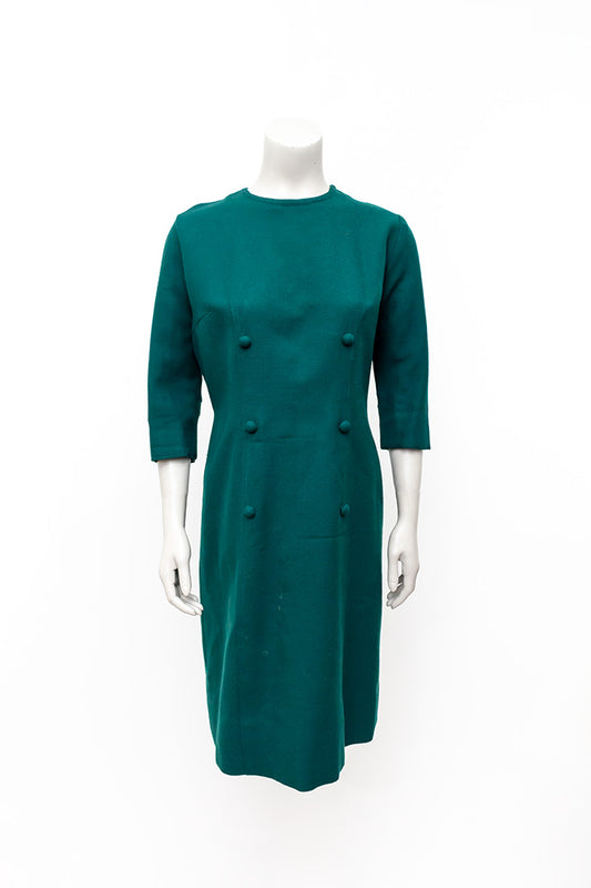 Wollen vintage jurk bosgroen met dubbele rij knopen jaren 60