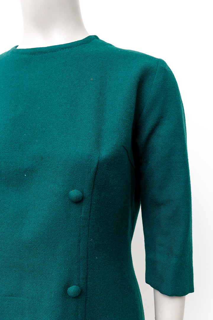 Wollen vintage jurk bosgroen met dubbele rij knopen jaren 60