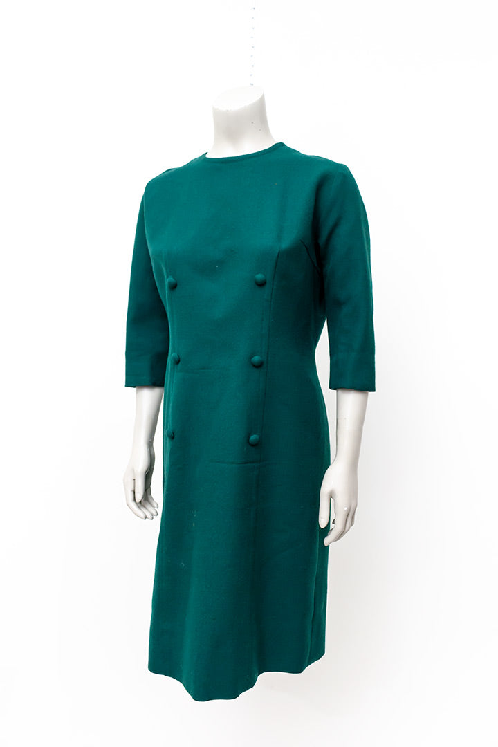 Wollen vintage jurk bosgroen met dubbele rij knopen jaren 60