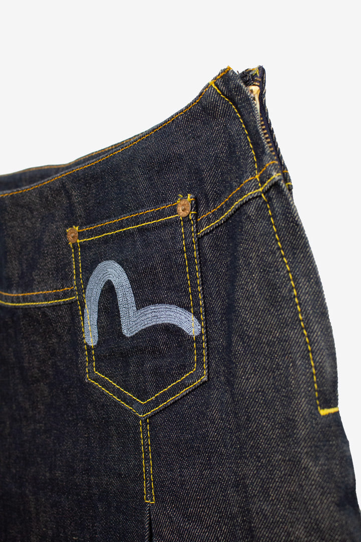 Y2K Evisu denim plooirok met blauw geborduurd logo