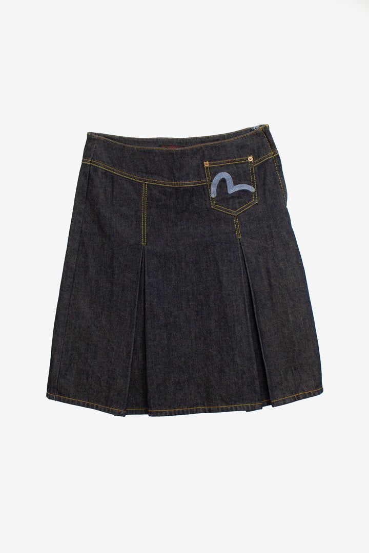 Y2K Evisu denim plooirok met blauw geborduurd logo