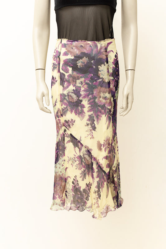 Zijden midirok met bloemen beige/paars Dries van Noten