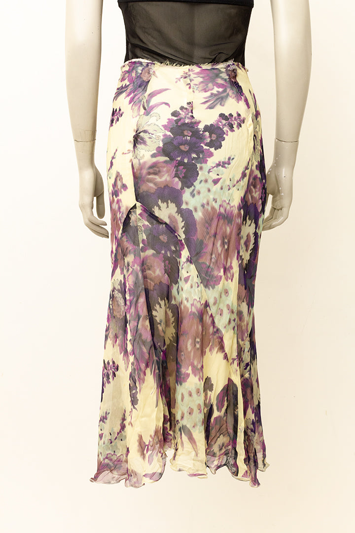 Zijden midirok met bloemen beige/paars Dries van Noten