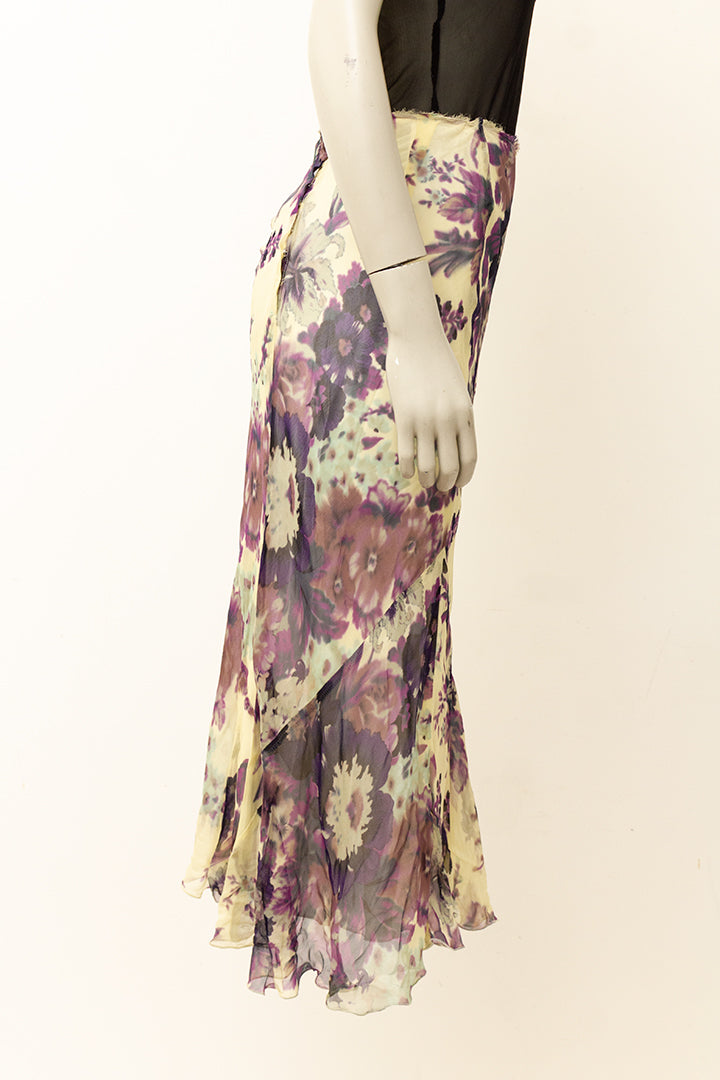 Zijden midirok met bloemen beige/paars Dries van Noten