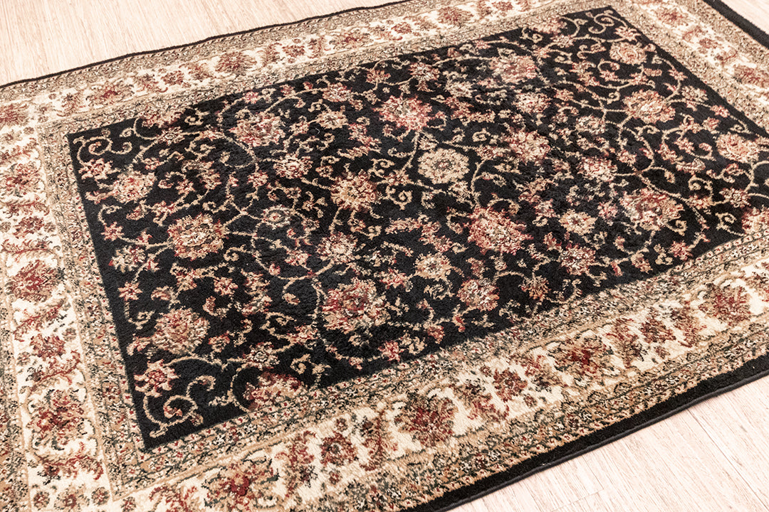 Zwart vloerkleed met sierlijk bloemenmotief 170x120 cm