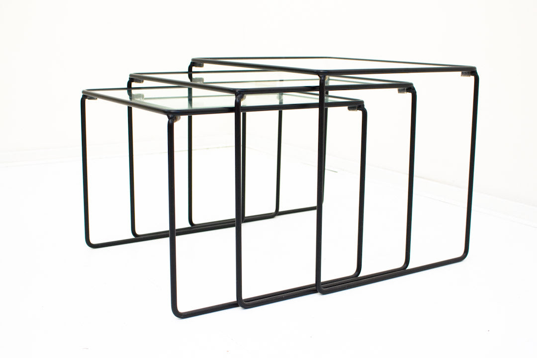 Zwarte mimiset bijzettafels glas en draadstaal vintage