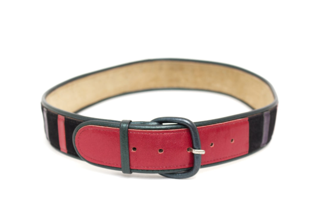 Zwarte suède riem met gekleurde metallic leren strepen jaren 80