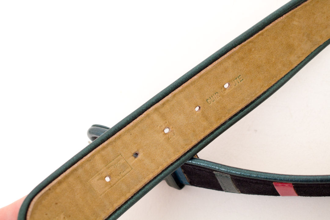 Zwarte suède riem met gekleurde metallic leren strepen jaren 80
