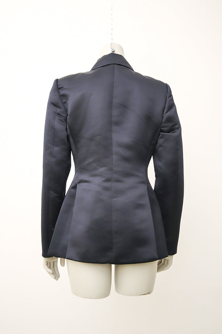 Zwarte vintage satijnen blazer met puntig revers Dirk Bikkembergs
