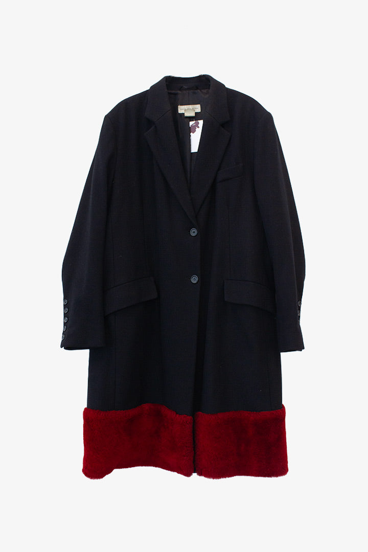 Zwarte wollen Dries van Noten jas met rode faux fur