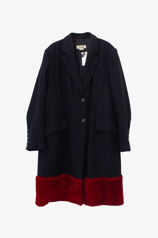 Zwarte wollen Dries van Noten jas met rode faux fur