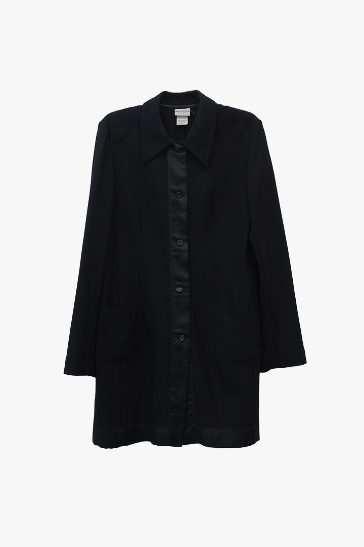 Zwarte wollen Dries van Noten jasje met knopen en satijnen band