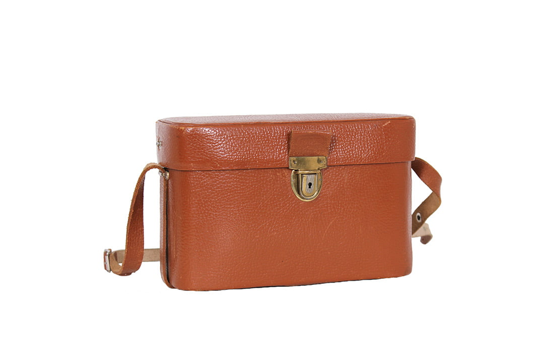 Cognac bruine vintage camerakoffer met rode voering