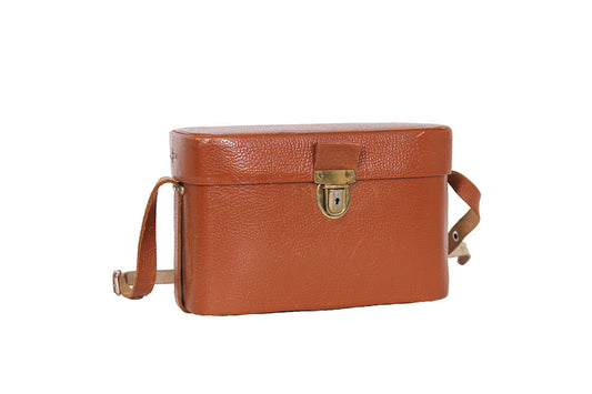 Cognac bruine vintage camerakoffer met rode voering