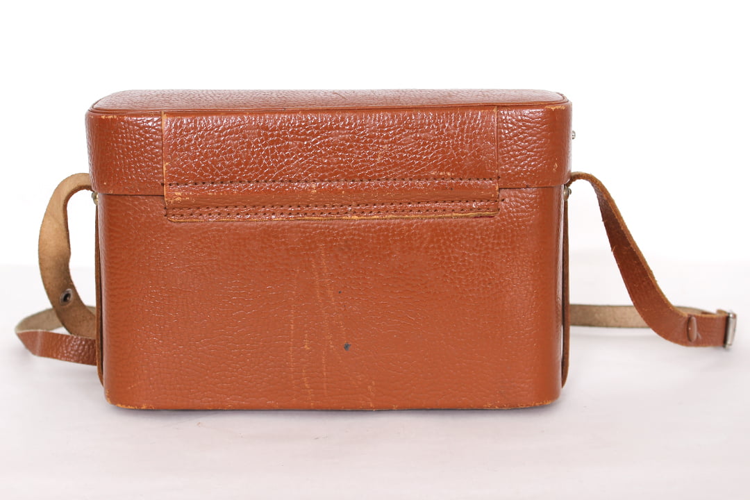 Cognac bruine vintage camerakoffer met rode voering