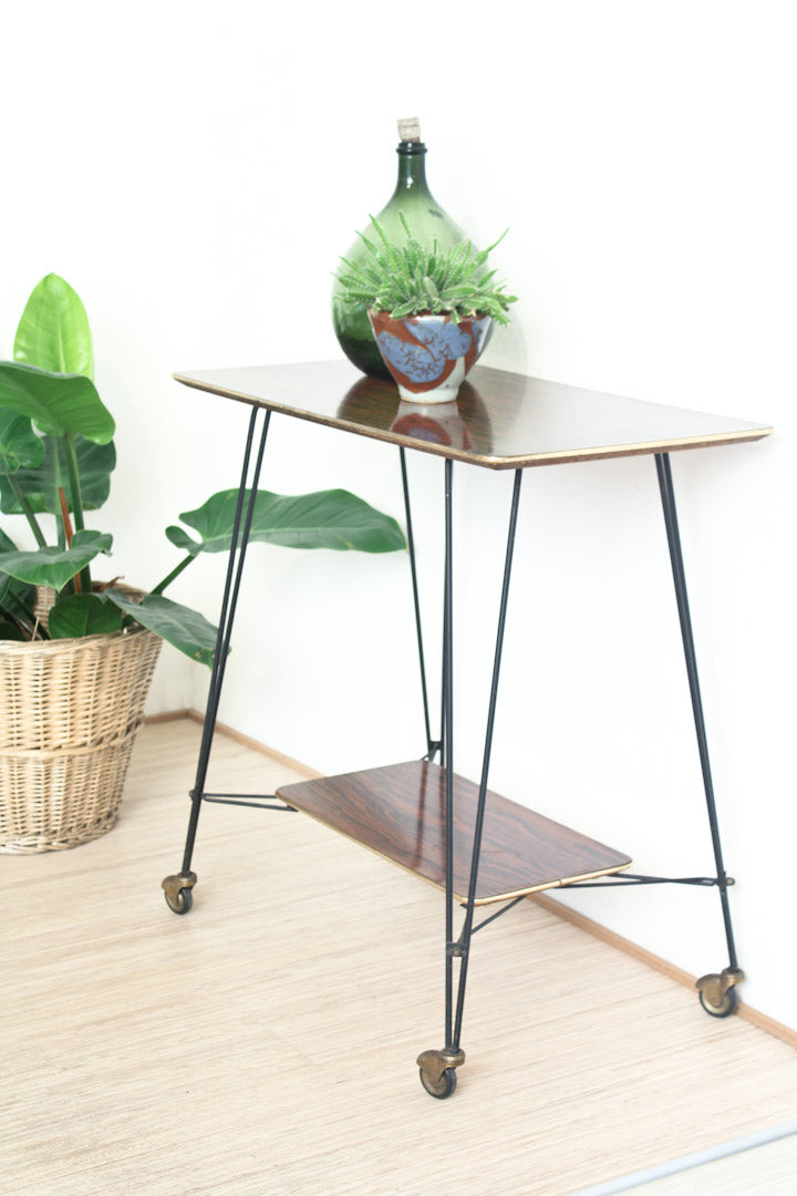 frans serveertafel draadstalen vintage trolley pallisander
