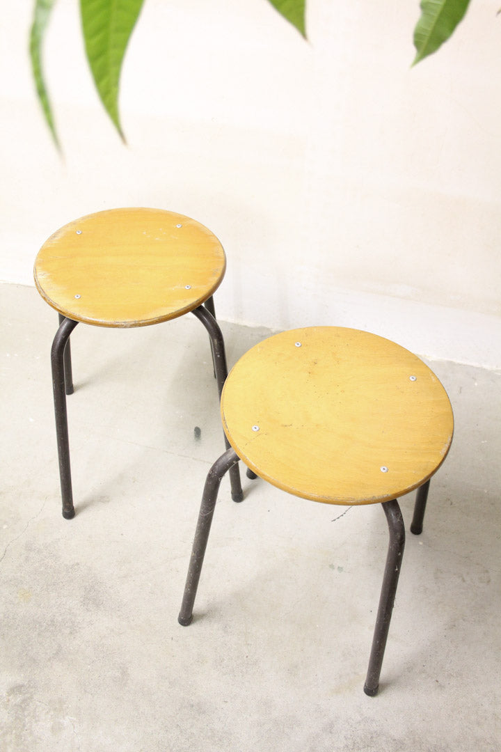 Industriele vintage schoolkrukjes van hout en metaal uit de jaren 80