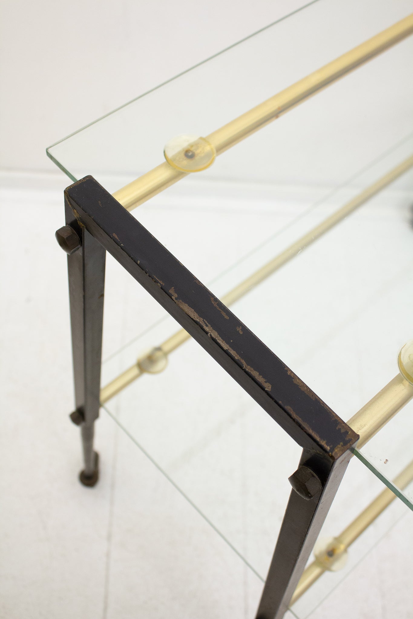 Vintage Franse barcart/ serveerwagen met metalen frame en glasplaten