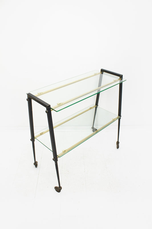 Vintage Franse barcart/ serveerwagen met metalen frame en glasplaten