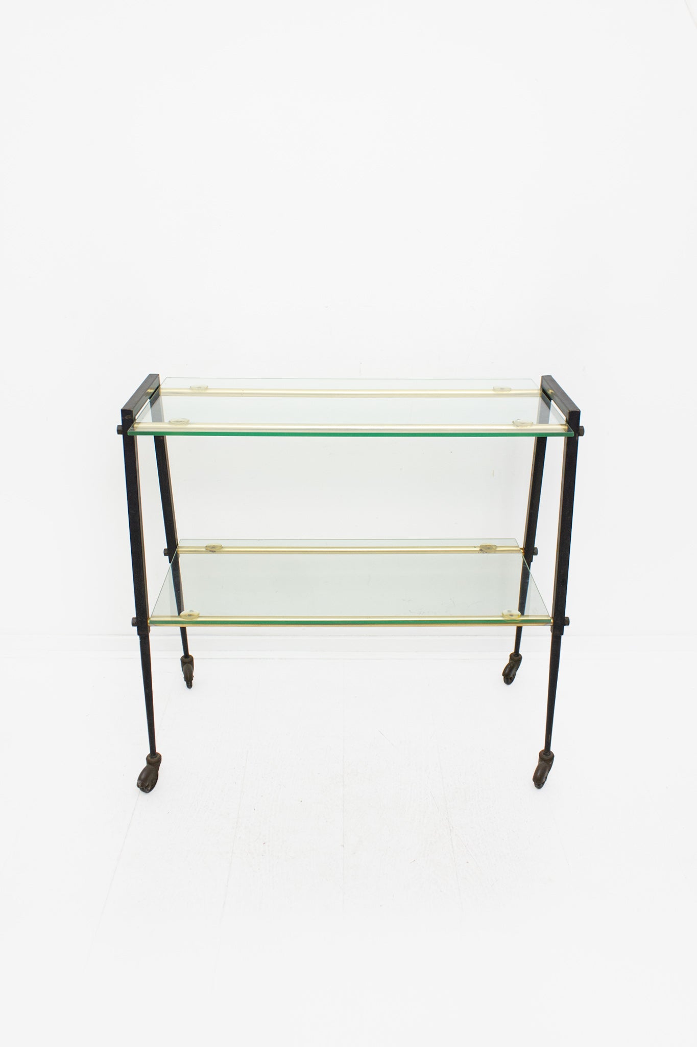 Vintage Franse barcart/ serveerwagen met metalen frame en glasplaten