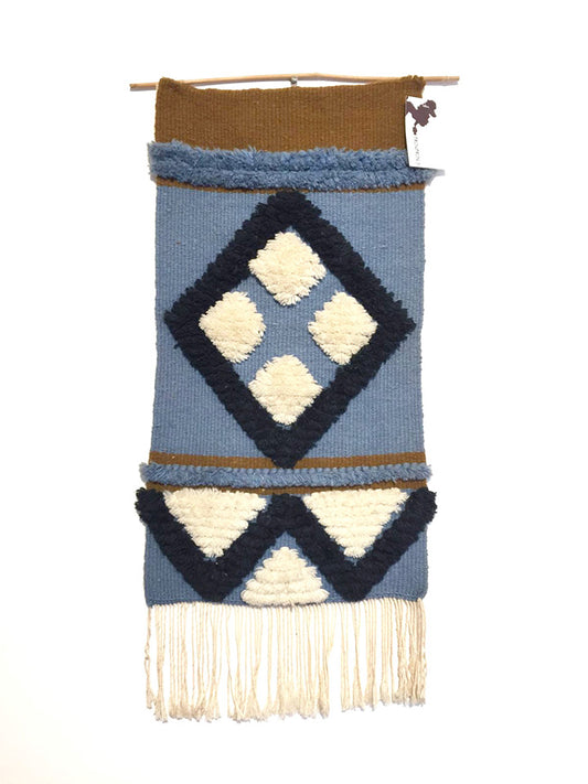 Vintage blauw wandkleedje geweven