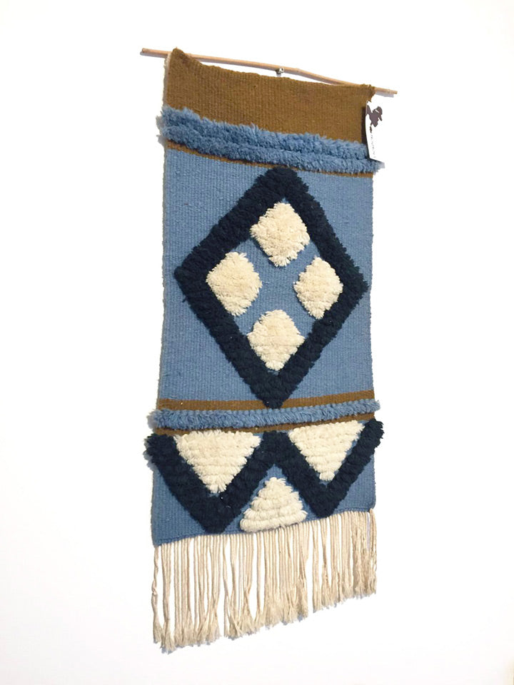 Vintage blauw wandkleedje geweven
