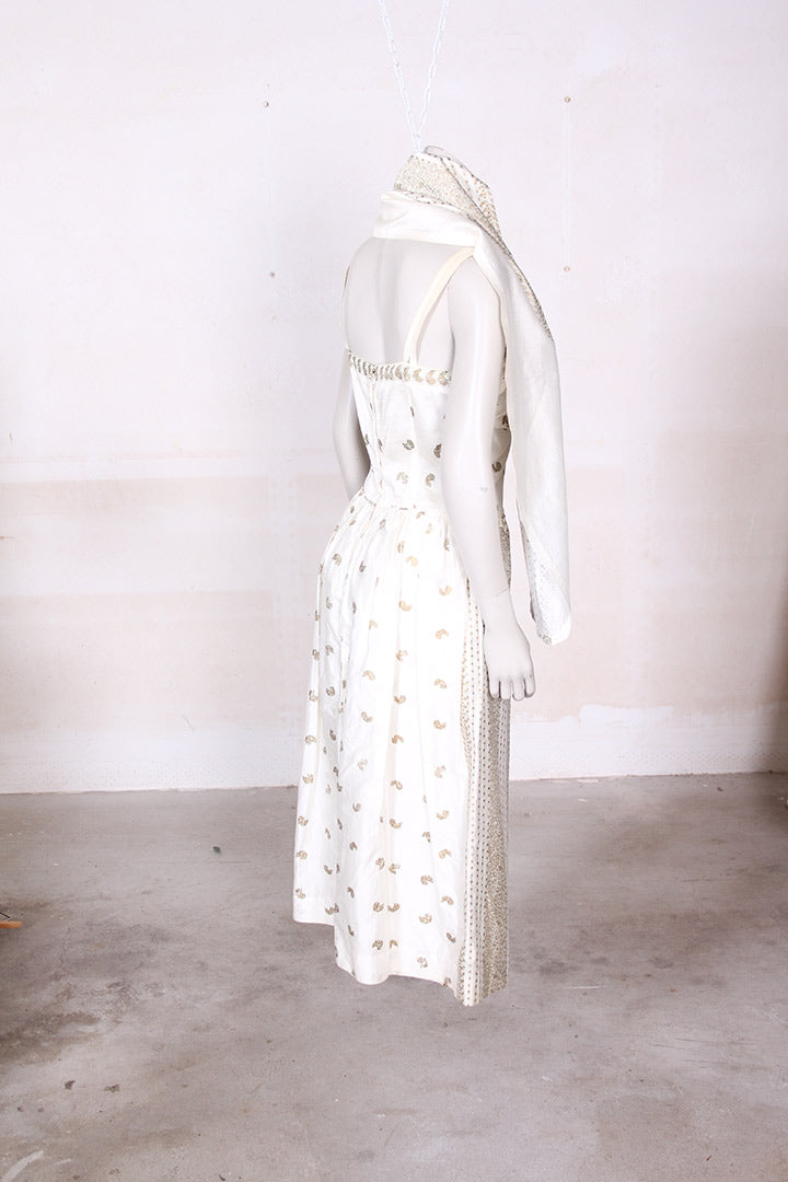 Vintage jaren 50 creme gouden cocktailjurk met stola