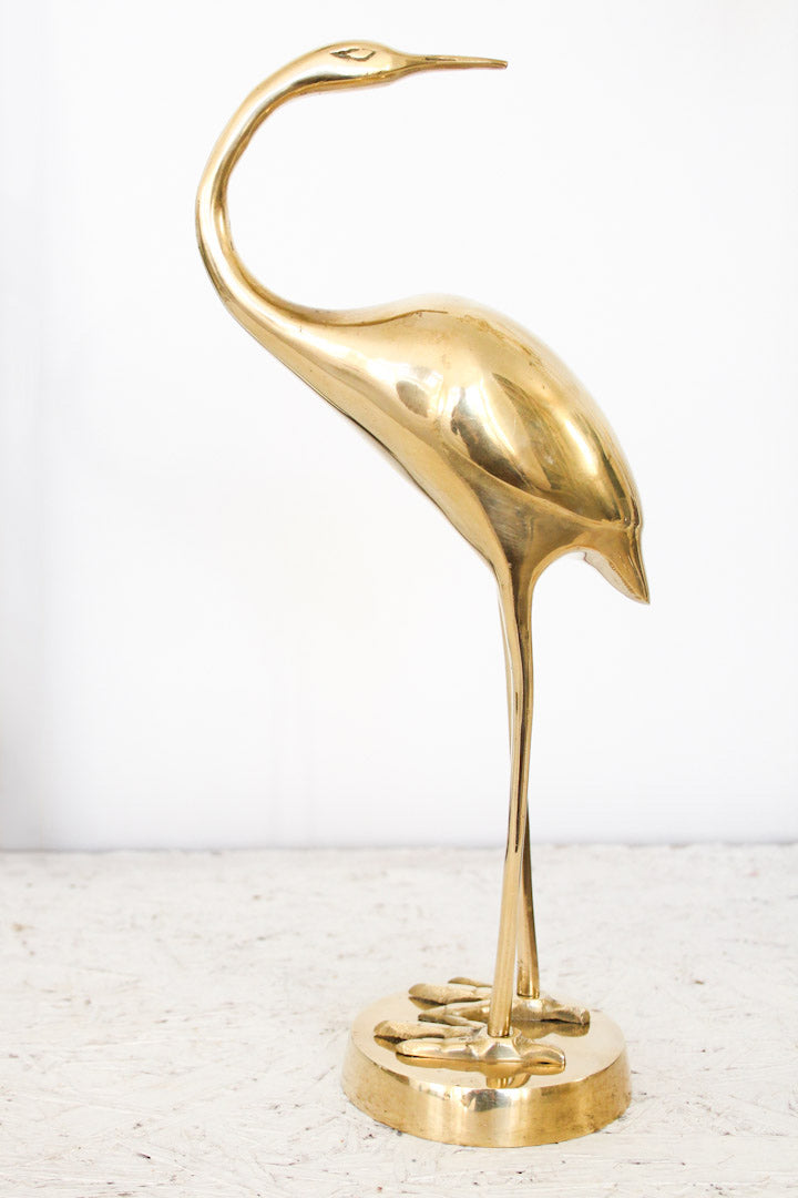 Vintage kraanvogel beeldje goudkleurig messing 33,5 cm