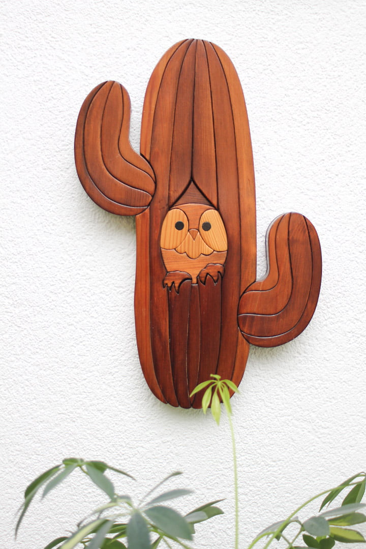 Handgemaakte houten muurdecoratie cactus met uil