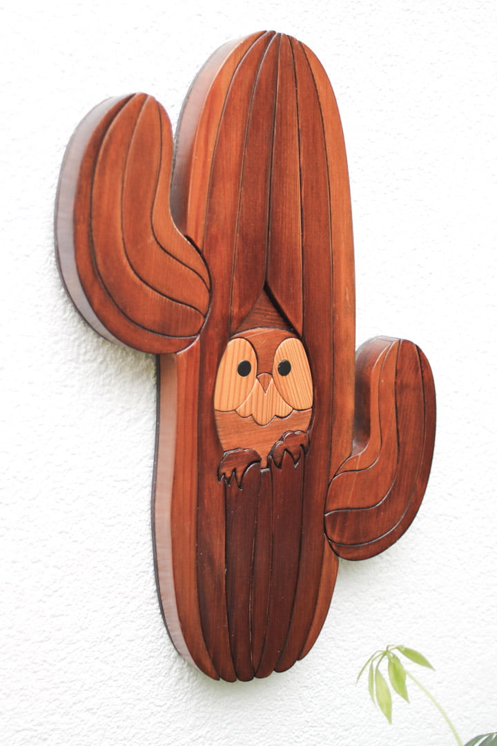 Handgemaakte houten muurdecoratie cactus met uil