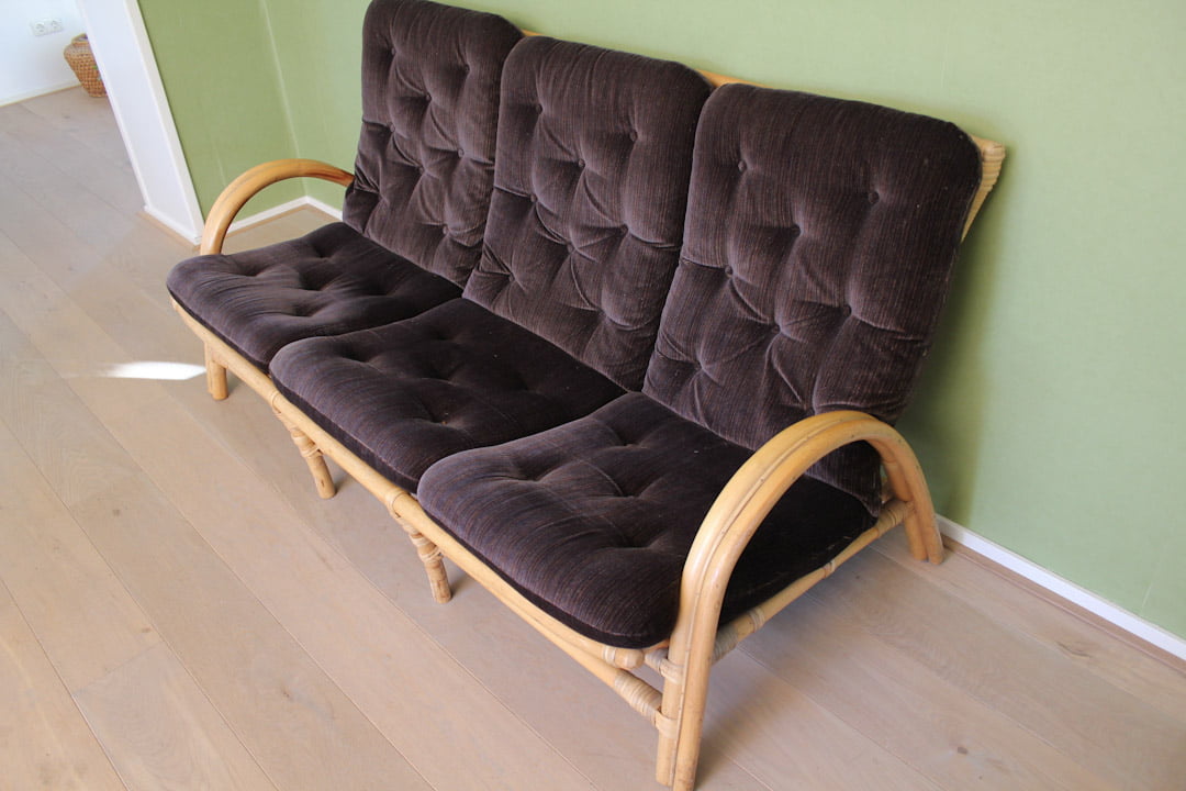 Vintage rotan bank jaren 70 velours