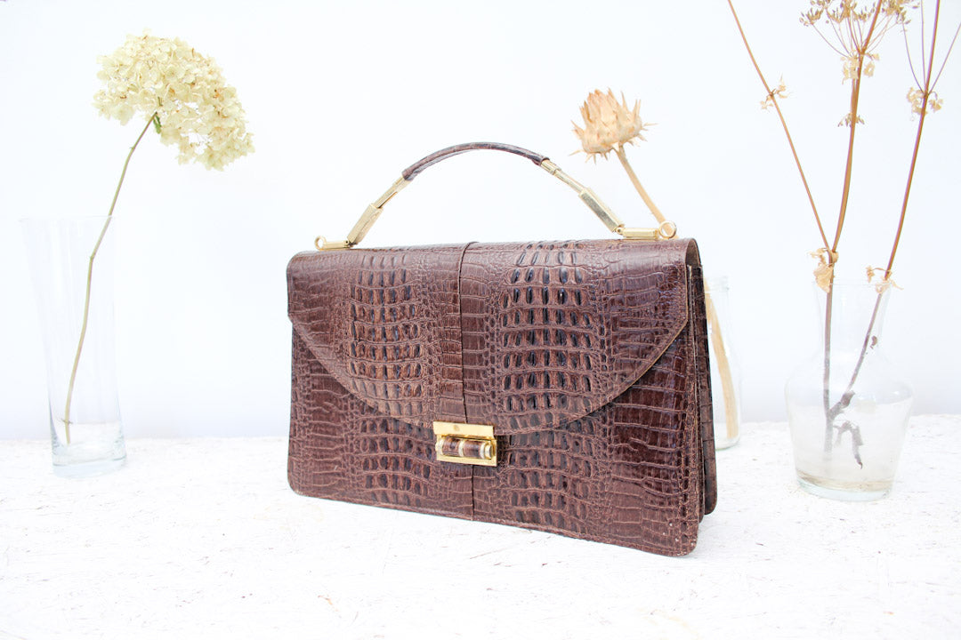 Bruine vintage krokodillenleren handtas & portemonnee Lolise