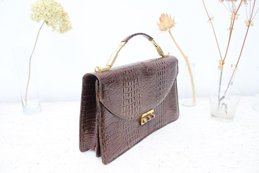 Bruine vintage krokodillenleren handtas & portemonnee Lolise