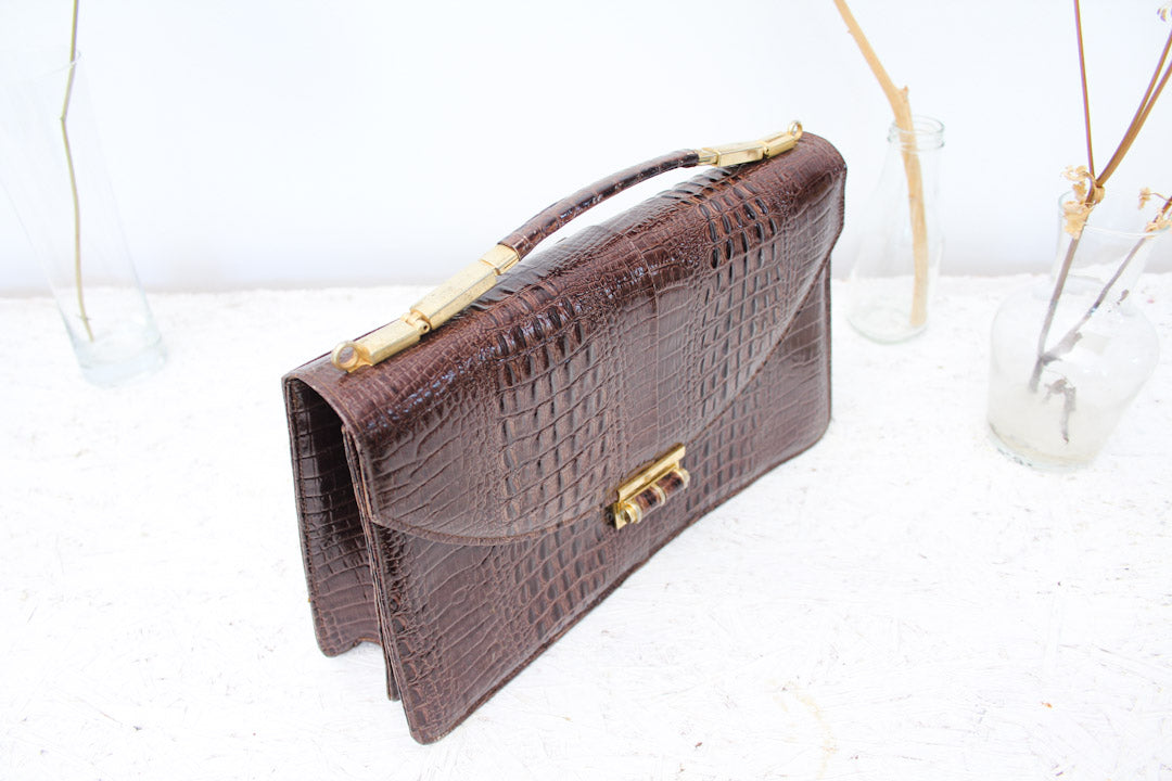 Bruine vintage krokodillenleren handtas & portemonnee Lolise