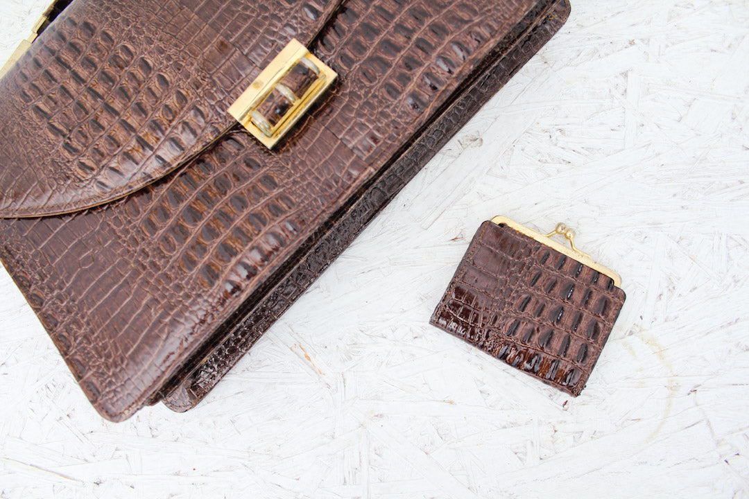 Bruine vintage krokodillenleren handtas & portemonnee Lolise